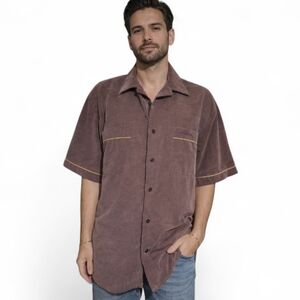 Vintage Hobie Brown 90s Retro Button Front Short Sleeve Shirt. Size Large